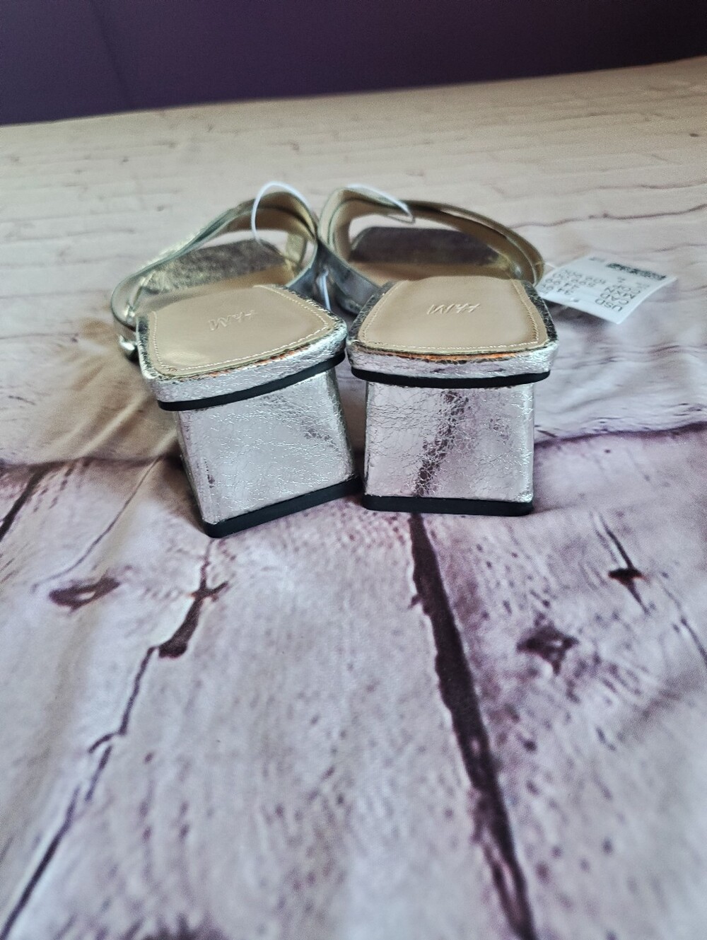 Metallic Silver Low Block Heel Slide Sandals Square Toe Crossover Foot Straps 9 - Picture 8 of 14